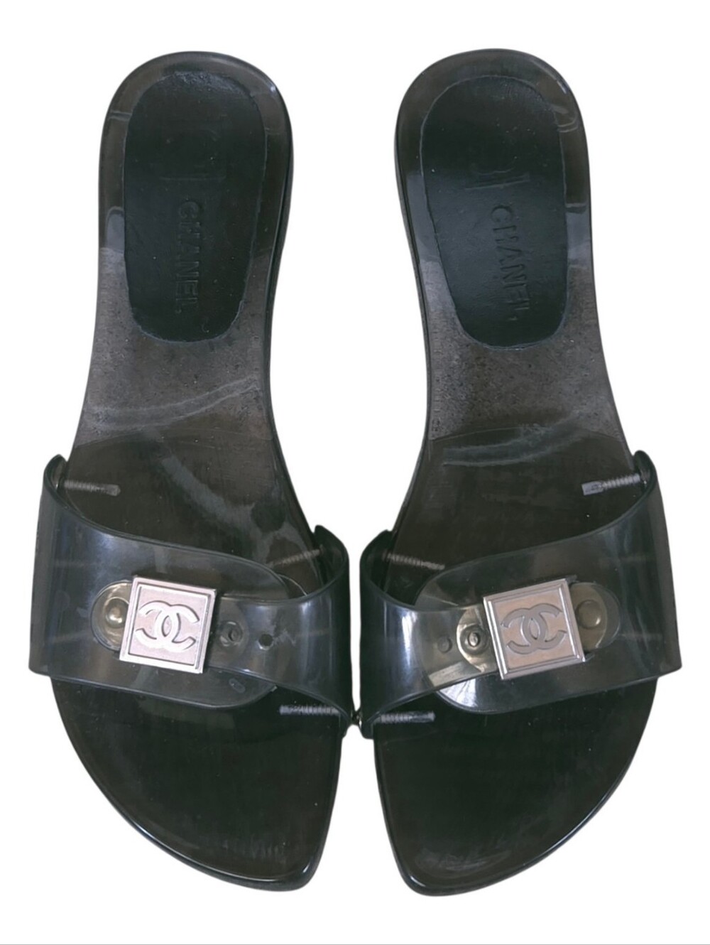 CHANEL Vtg Y2k Black Clear Jelly PVC Plastic CC Logo Slide Sandals Sz 37